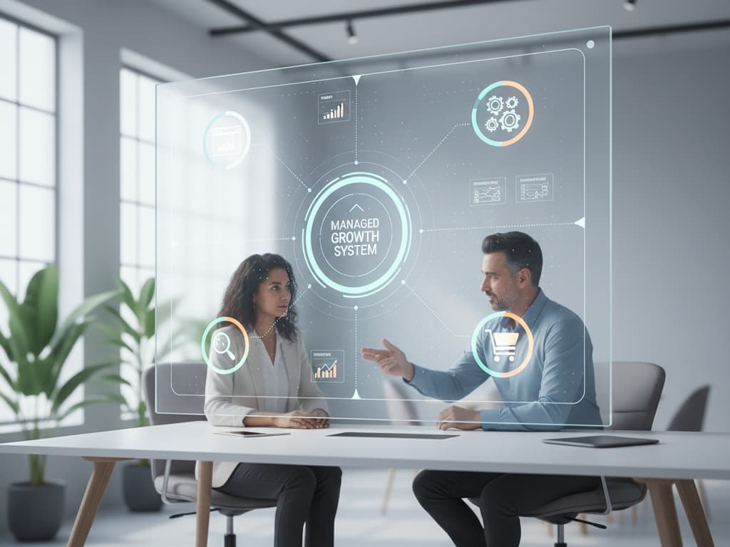 A business owner reviewing a structured dashboard with a digital partner.