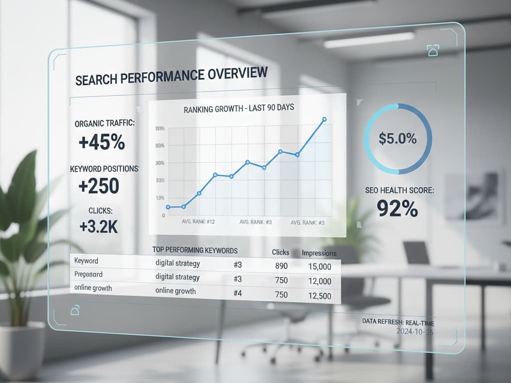 Search performance dashboard, ranking growth chart, or analytics interface.