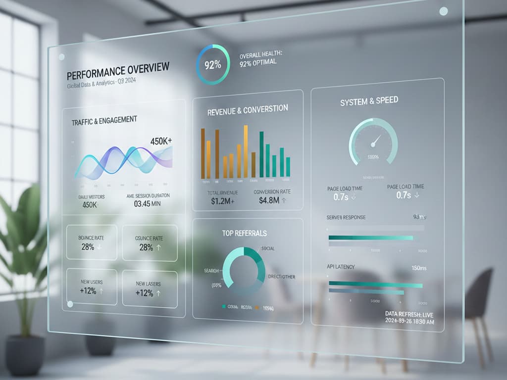 A clean interface-style mockup of a website dashboard or performance metrics screen